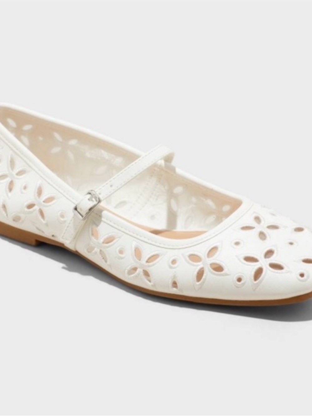 White Floral Cutout Mary Jane Flats